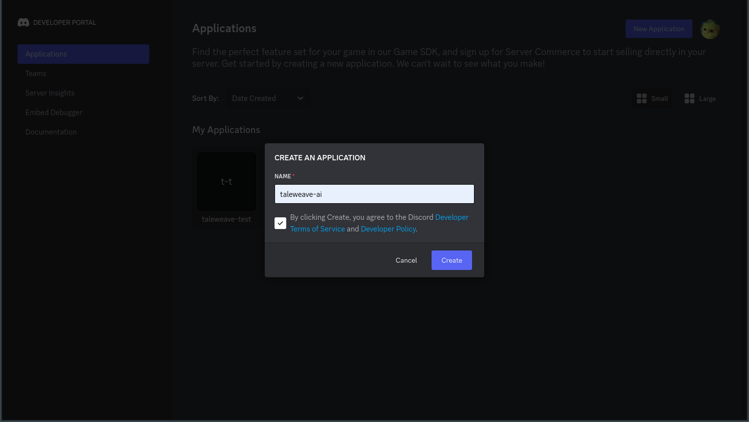 Discord developer portal showing new app name prompt