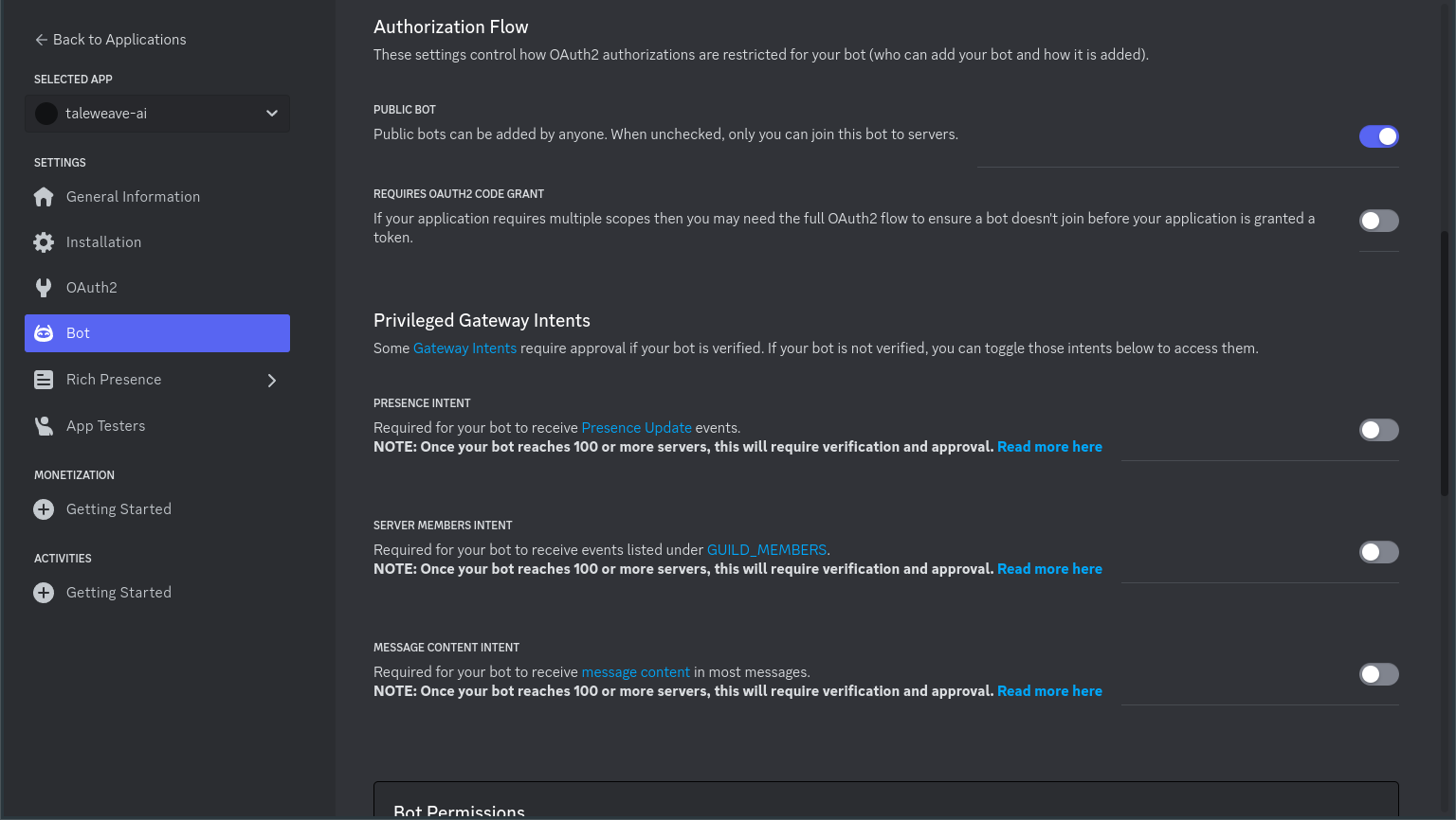 Discord application details showing Public Bot option