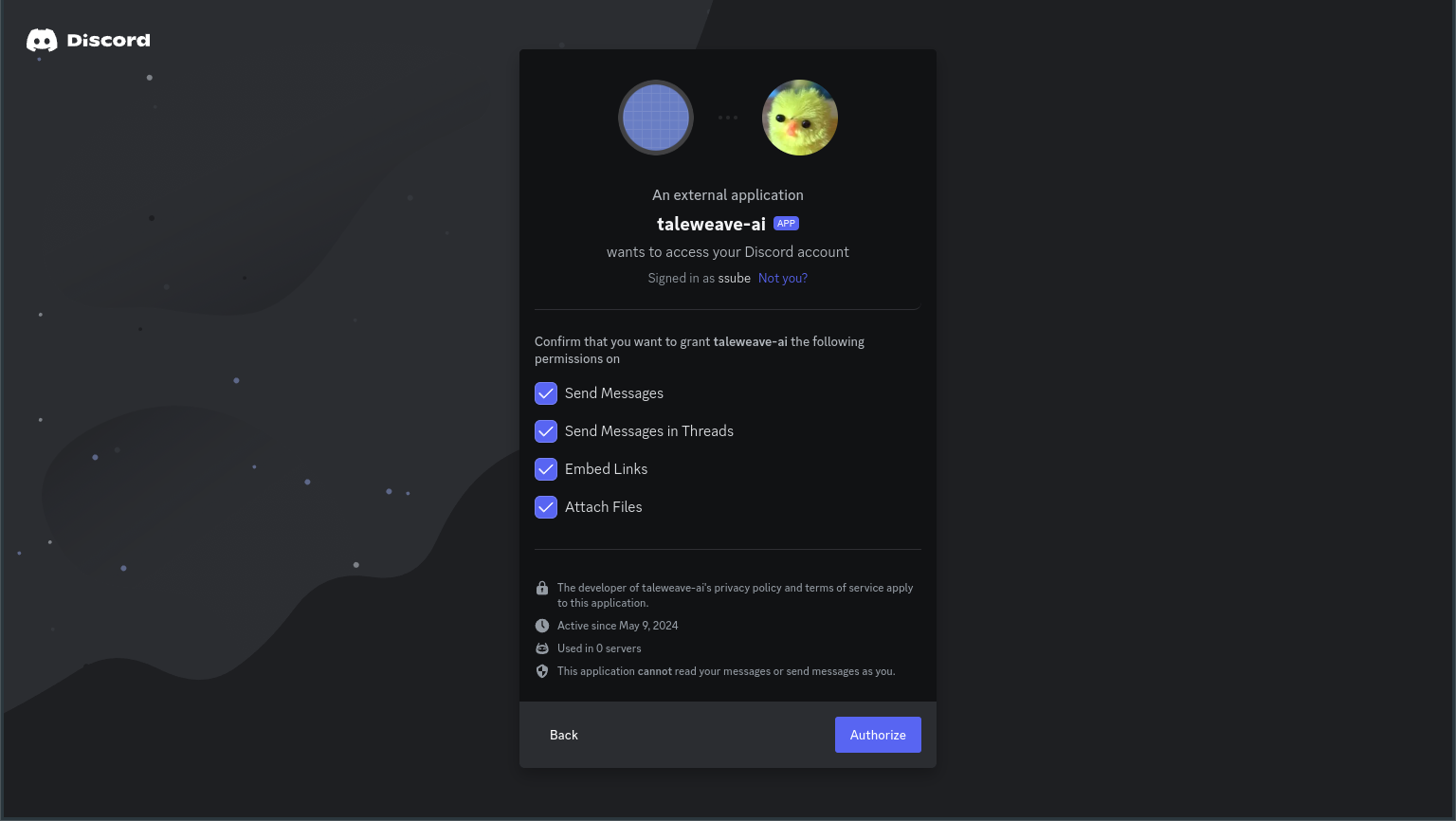 Discord bot invite screen showing permission confirmation